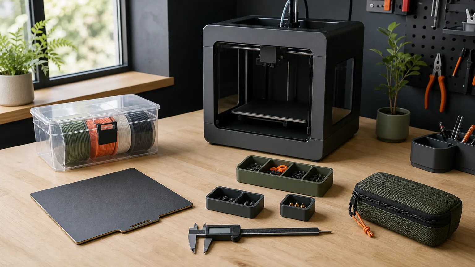 3D printer accessories arranged on a tidy workbench by task