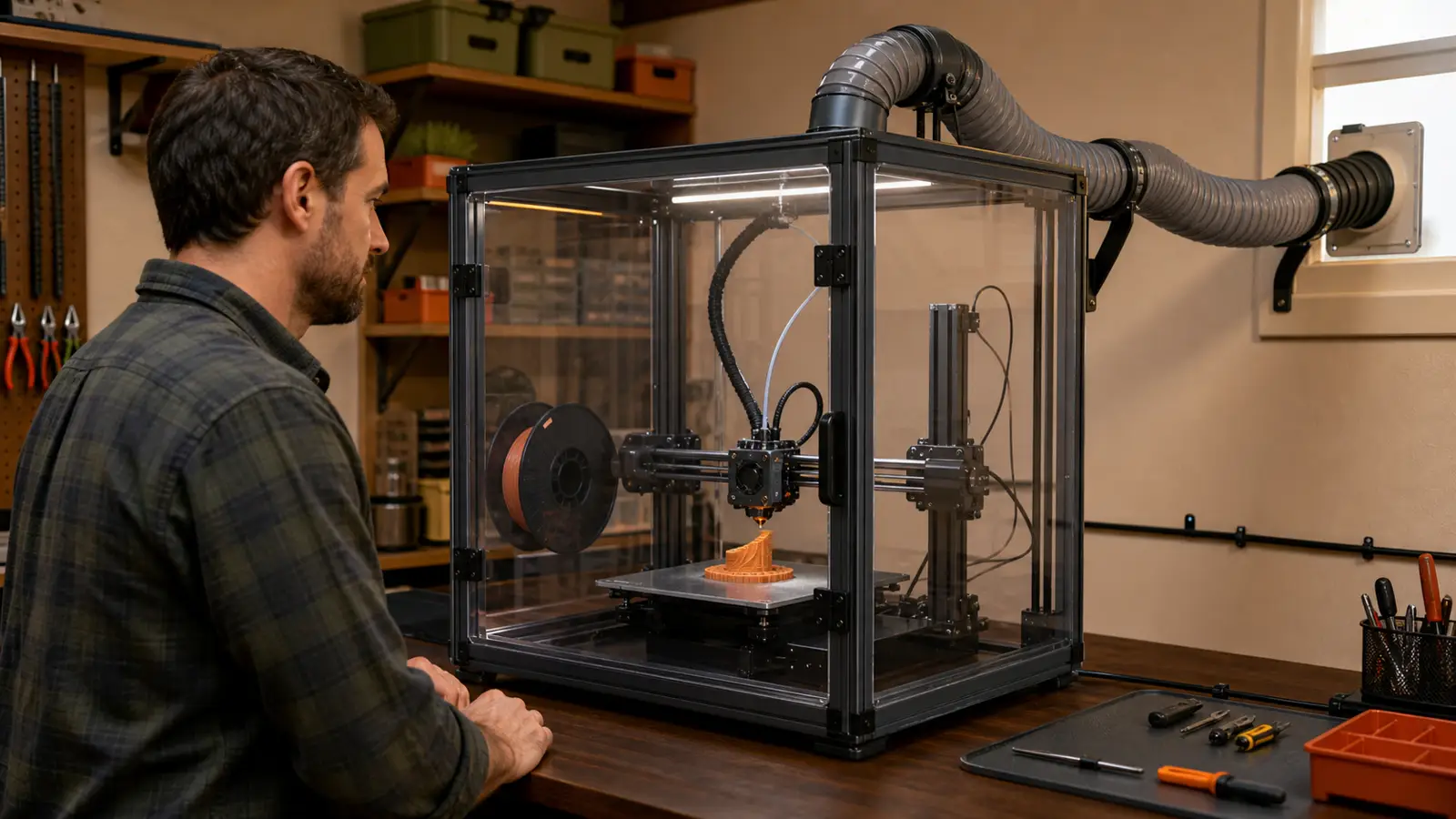 A desktop FDM printer inside a ventilated enclosure in a tidy workshop, with an operator present nearby