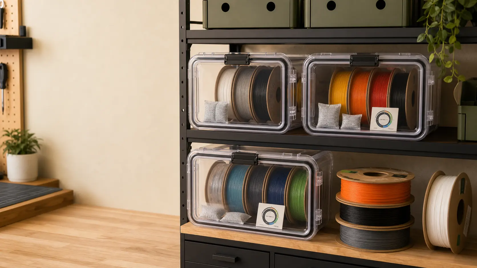 3D printer filament storage bins with labels and humidity indicators