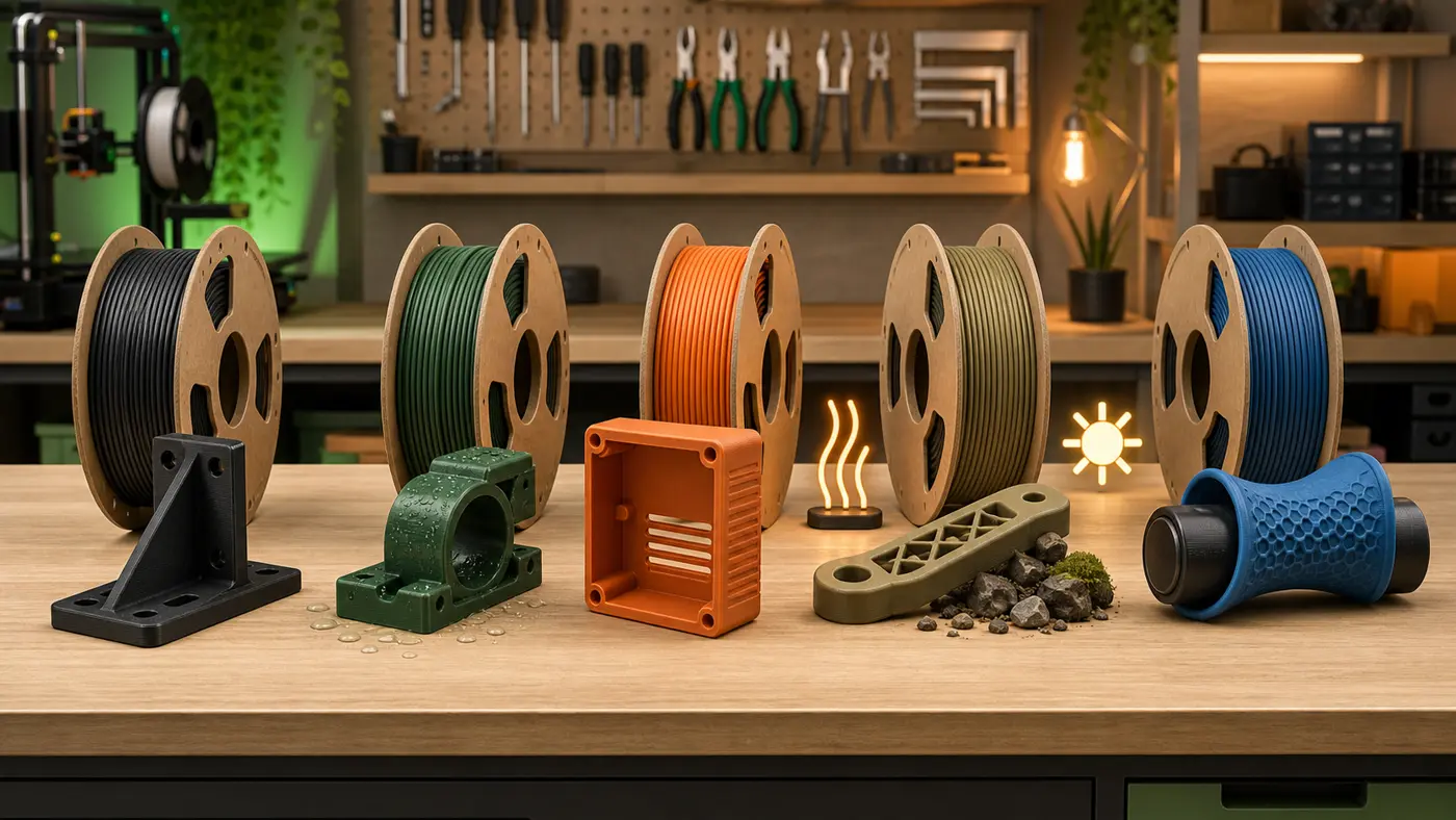 Five filament types represented by different workshop parts