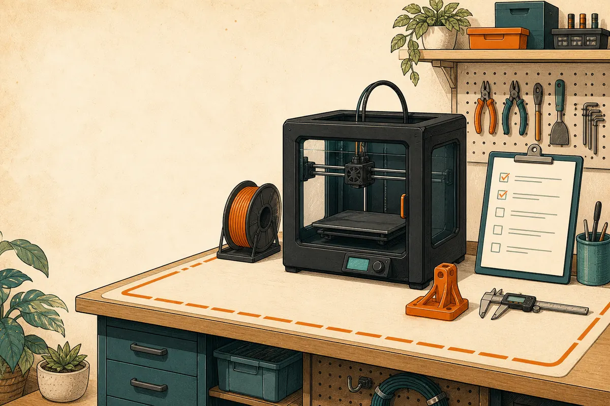 Imprimante 3D de bureau fermée, bobine de filament, pied à coulisse, liste de contrôle et pièce échantillon sur l’établi d’une petite entreprise
