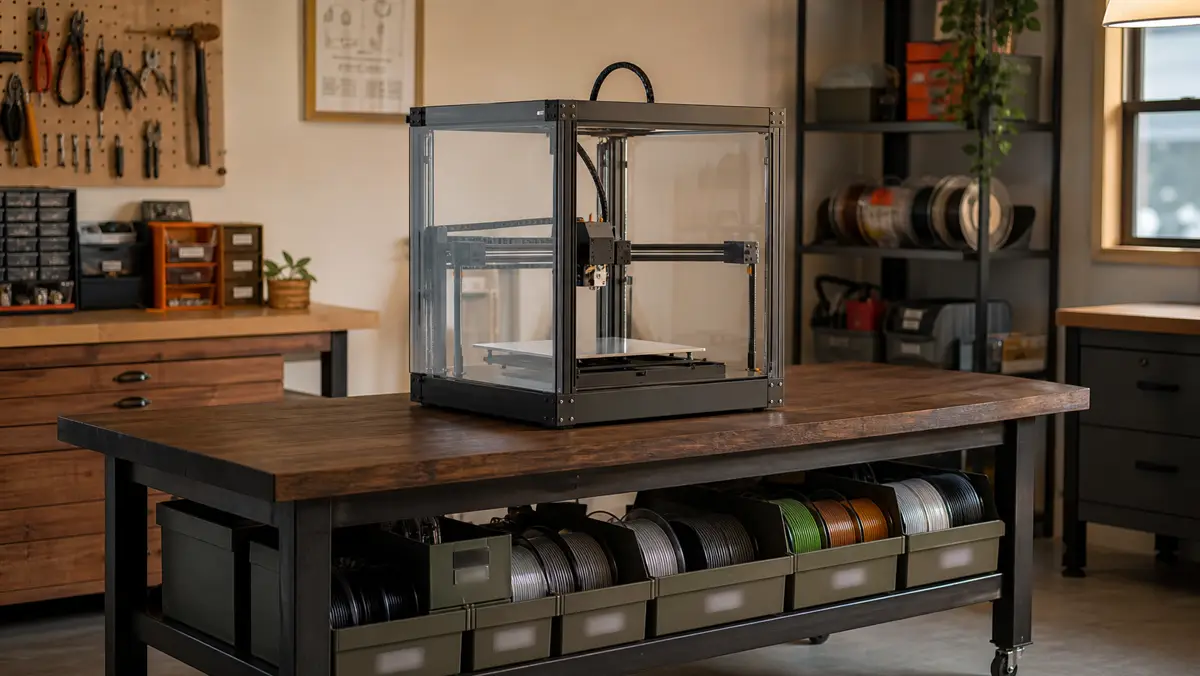 Enclosed 3D printer on a wheeled wood-top workbench with filament spool bins on the lower shelf