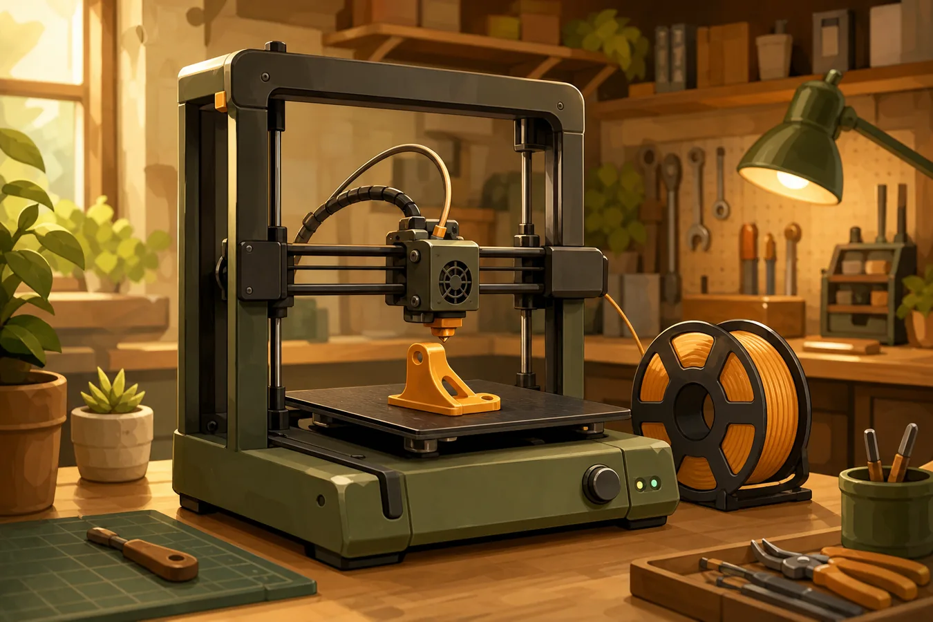 Illustrative desktop FDM printer in a workshop; not a tested worked-example model