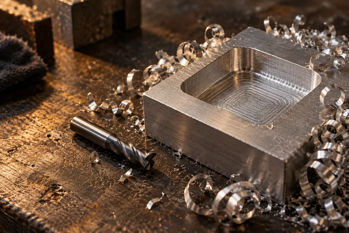 Aluminium block with a milled pocket and spiral chips