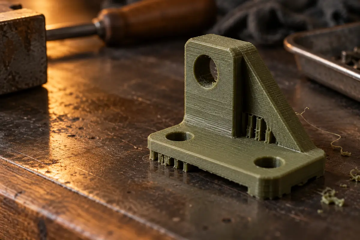 Olive-green 3D-printed bracket with visible layer lines