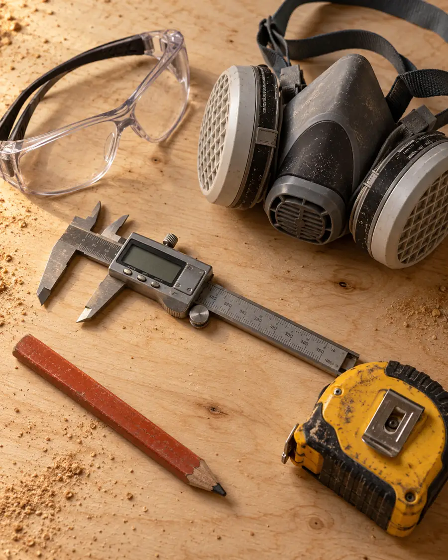 Caliper, pencil, safety glasses, respirator and tape measure on plywood