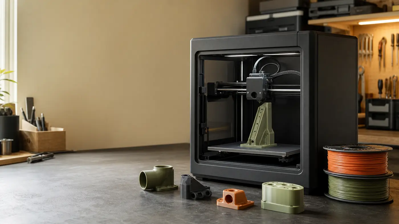 Enclosed desktop FDM 3D printer on a small-business workbench with finished parts and filament spools