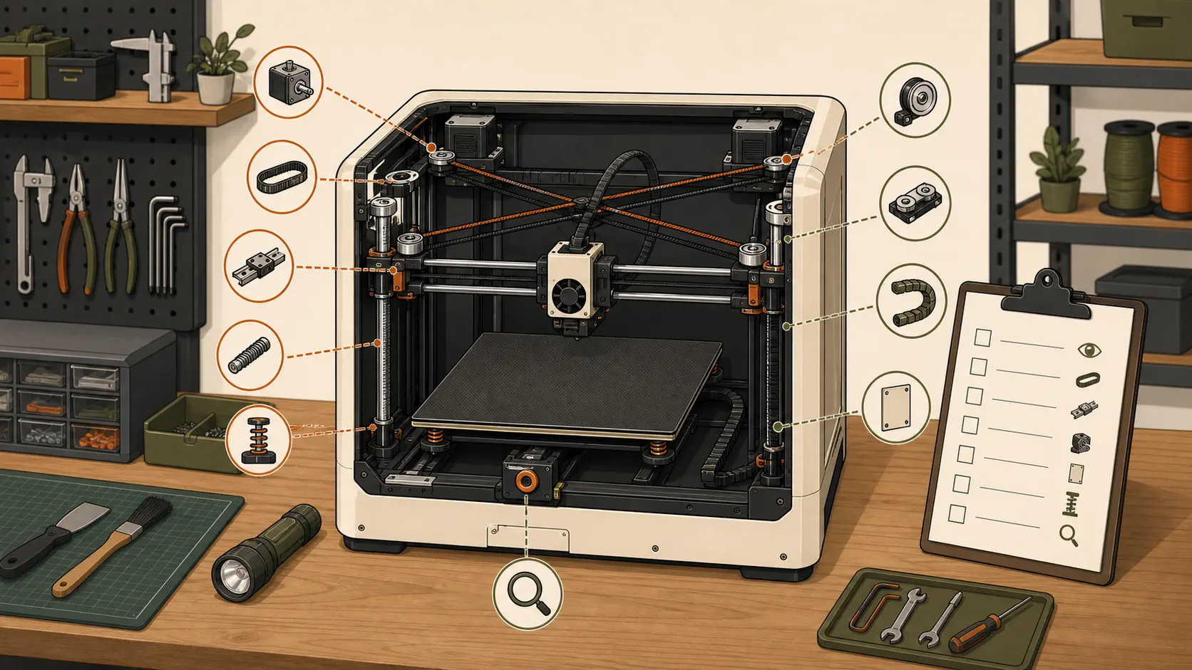 Cutaway view of the belt path and toolhead access in an enclosed CoreXY 3D printer