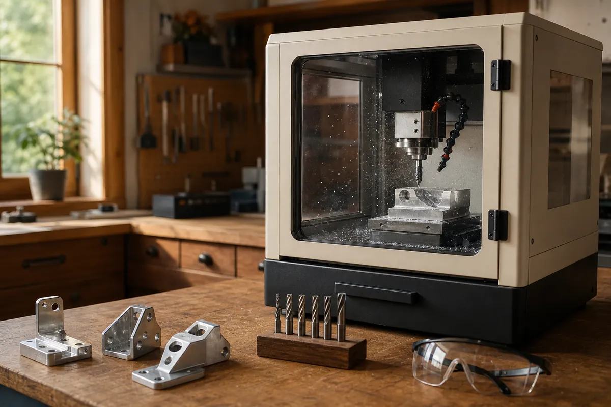 A desktop CNC mill in an enclosure on a home workshop bench with aluminum parts and end mills laid out